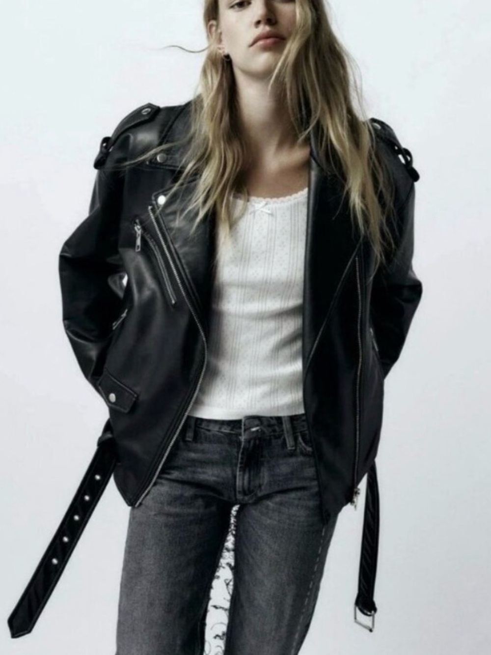 Zara Faux Leather Moto Biker Belted Jacket